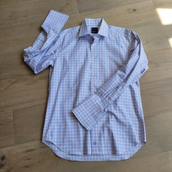 EUC David Donahue Dress Shirt Men's 15.5" 34/35 Blue/Pink Plaid Button Down - Picture 1 of 7
